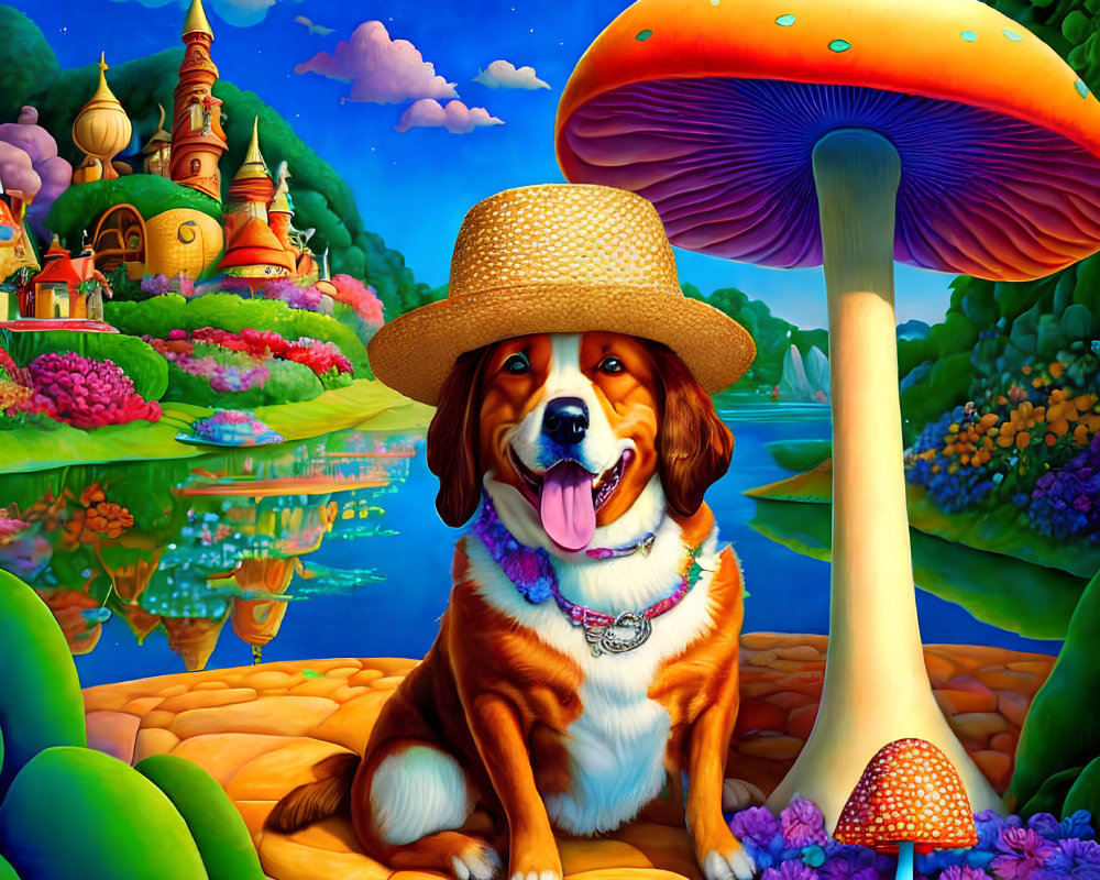 Colorful Cartoon Illustration of Happy Dog by River