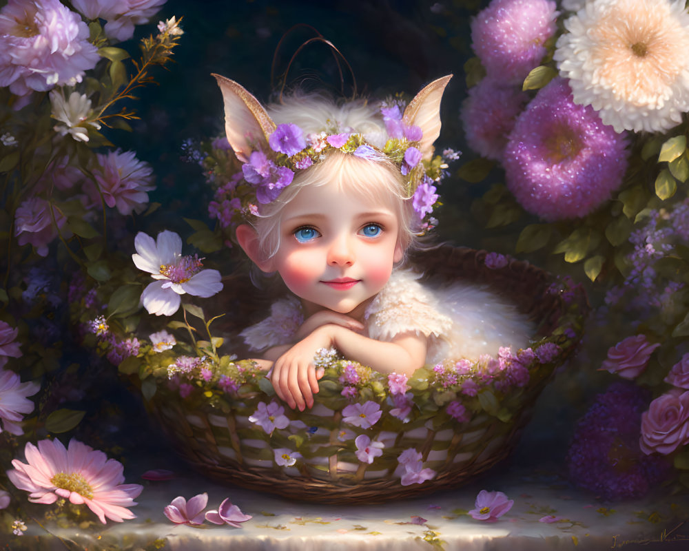 Child with Pointed Ears in Floral Wreath, Surrounded by Flowers