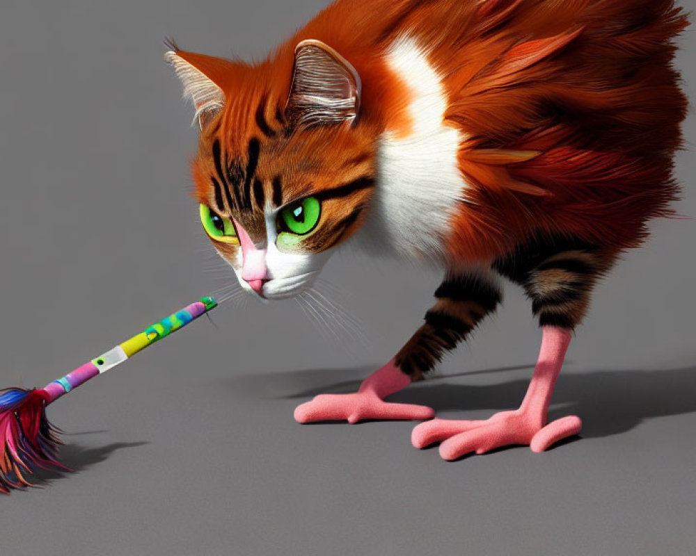 Digital Art: Orange and White Cat with Green Eyes Playing with Feather Toy