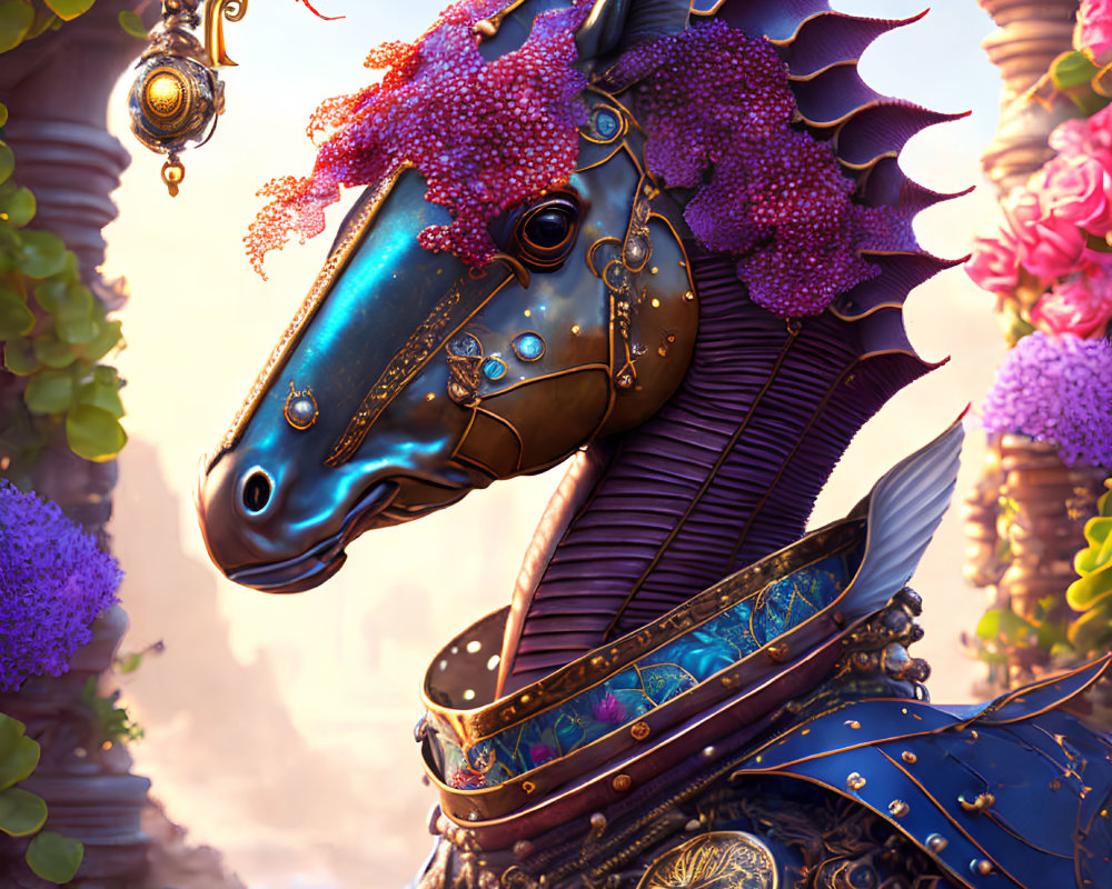 Steampunk horse with brass head and blue inlays in magical landscape