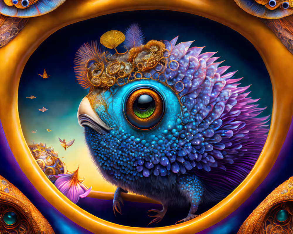 Colorful fantasy illustration of whimsical creature with oversized eye, golden gears, and purple feathers on orn