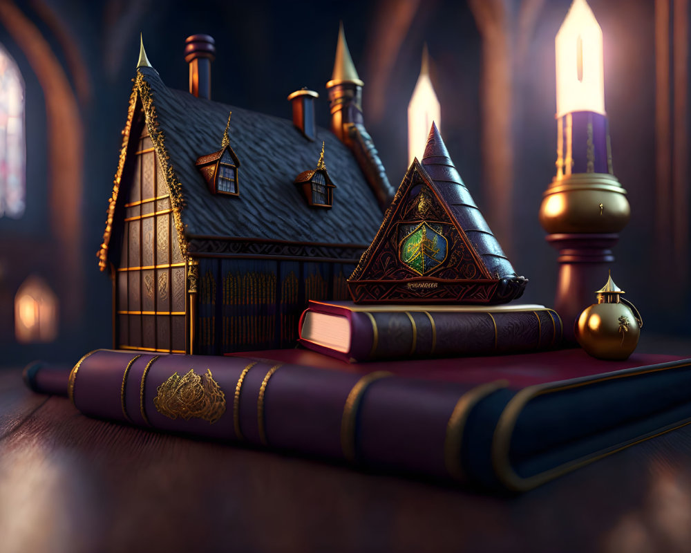 Miniature fairy-tale house model on book with lit candles in gothic library.