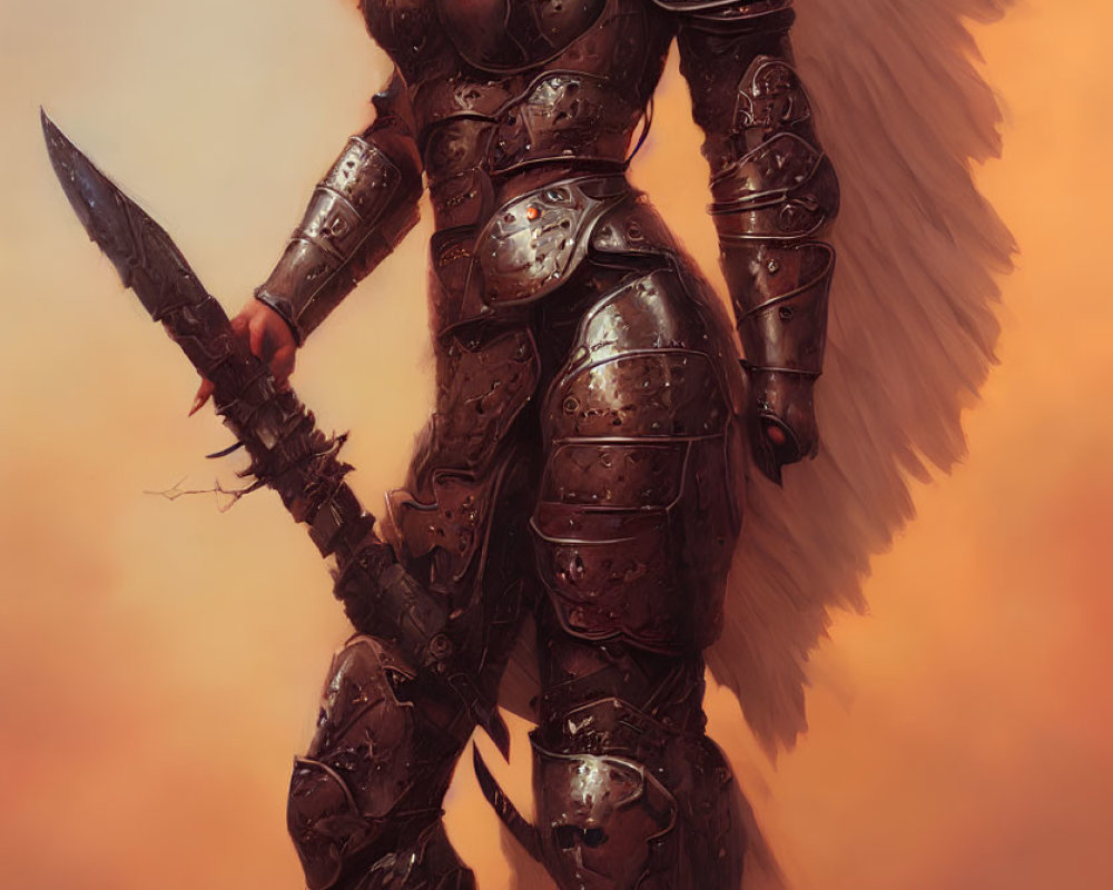 Red-Haired Female Warrior in Full-Body Armor with Spear and Metallic Wing