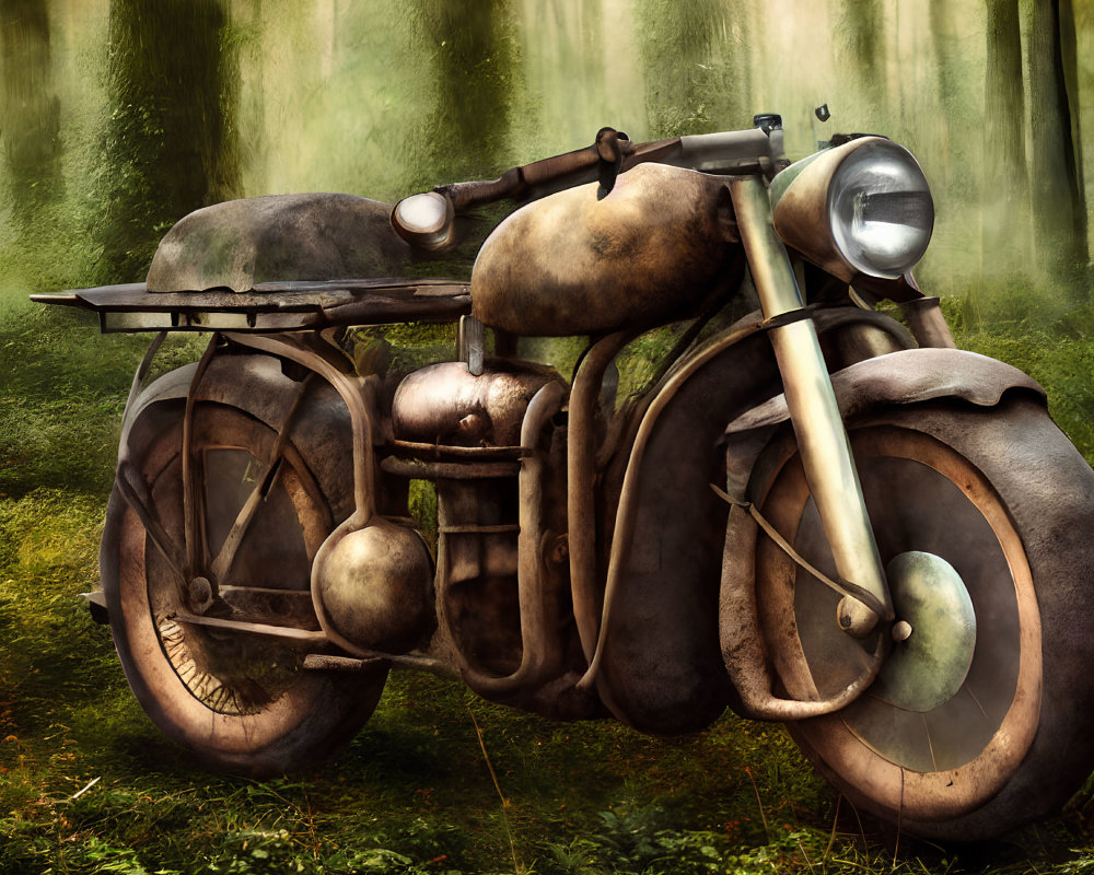 Rustic vintage motorcycle in misty forest setting