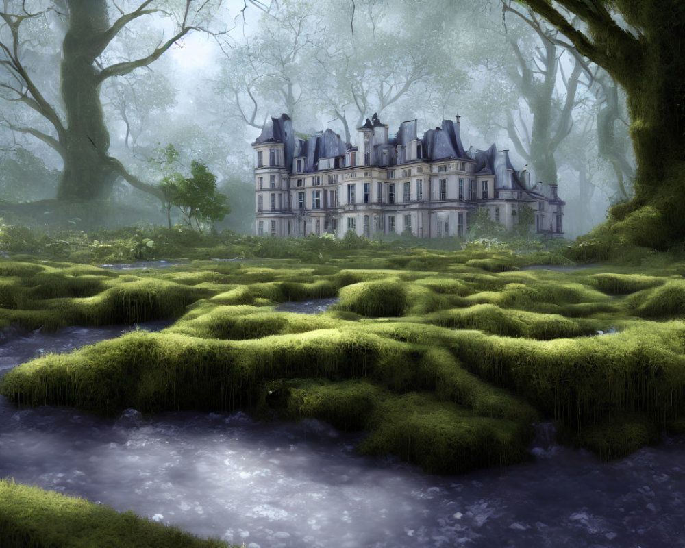 Enchanting forest scene with misty chateau and stream