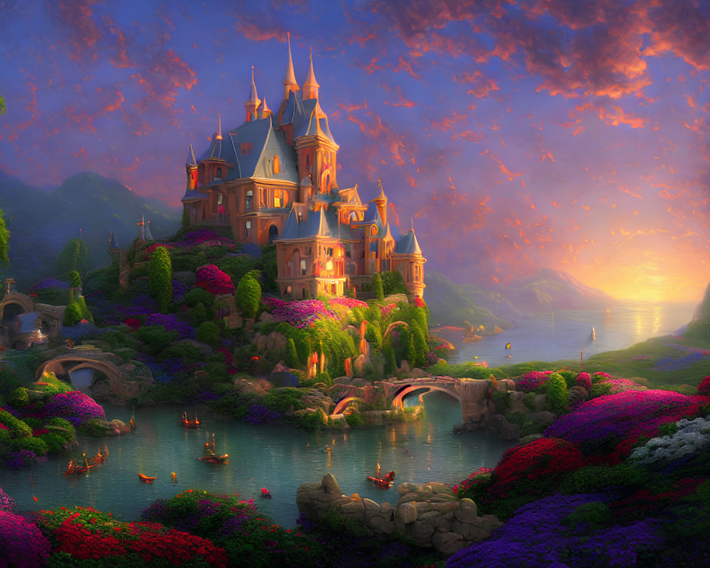 Fantasy castle in vibrant garden by serene lake at sunset