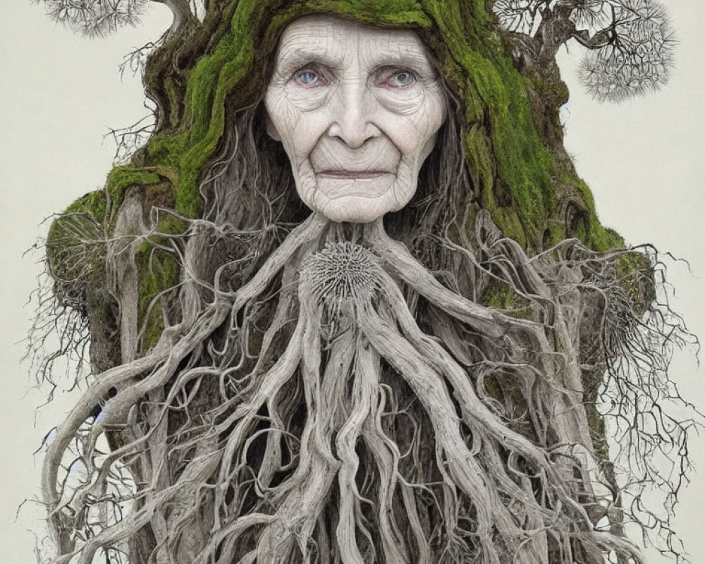 Elderly person's face blending with tree, branches as hair, roots as beard