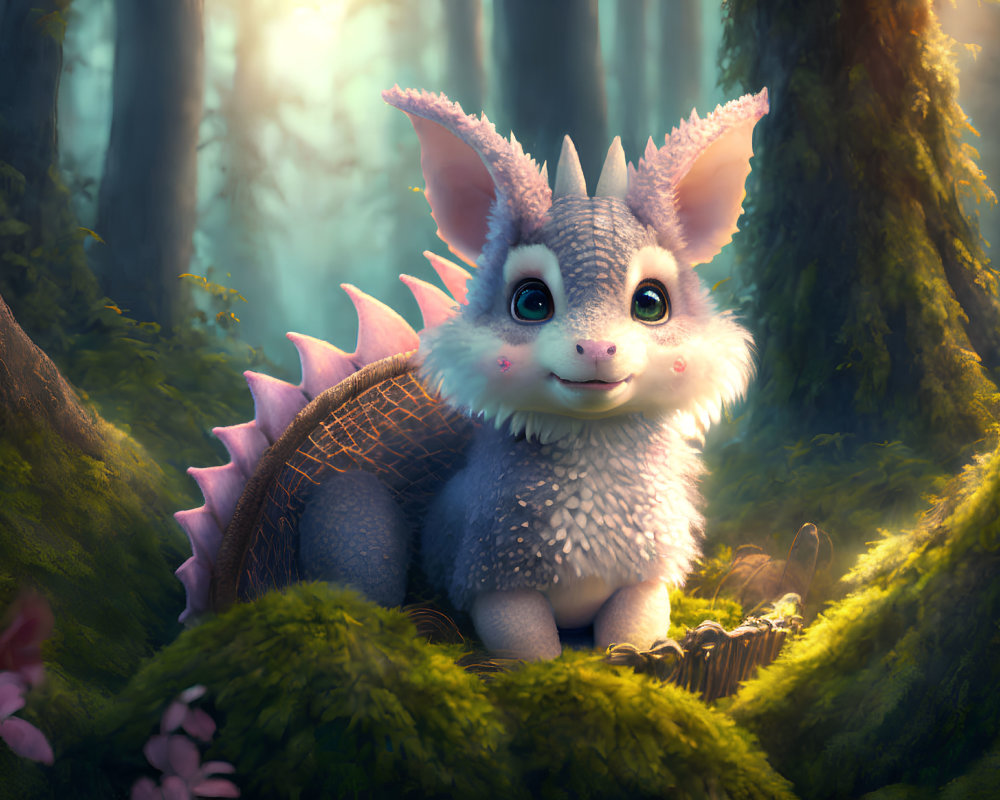 Cartoon-style dragon in enchanted forest with soft light