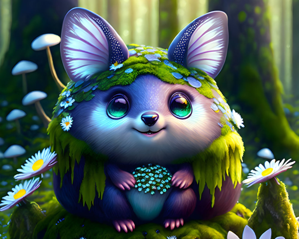 Animated creature in enchanted forest with mushrooms and daisies