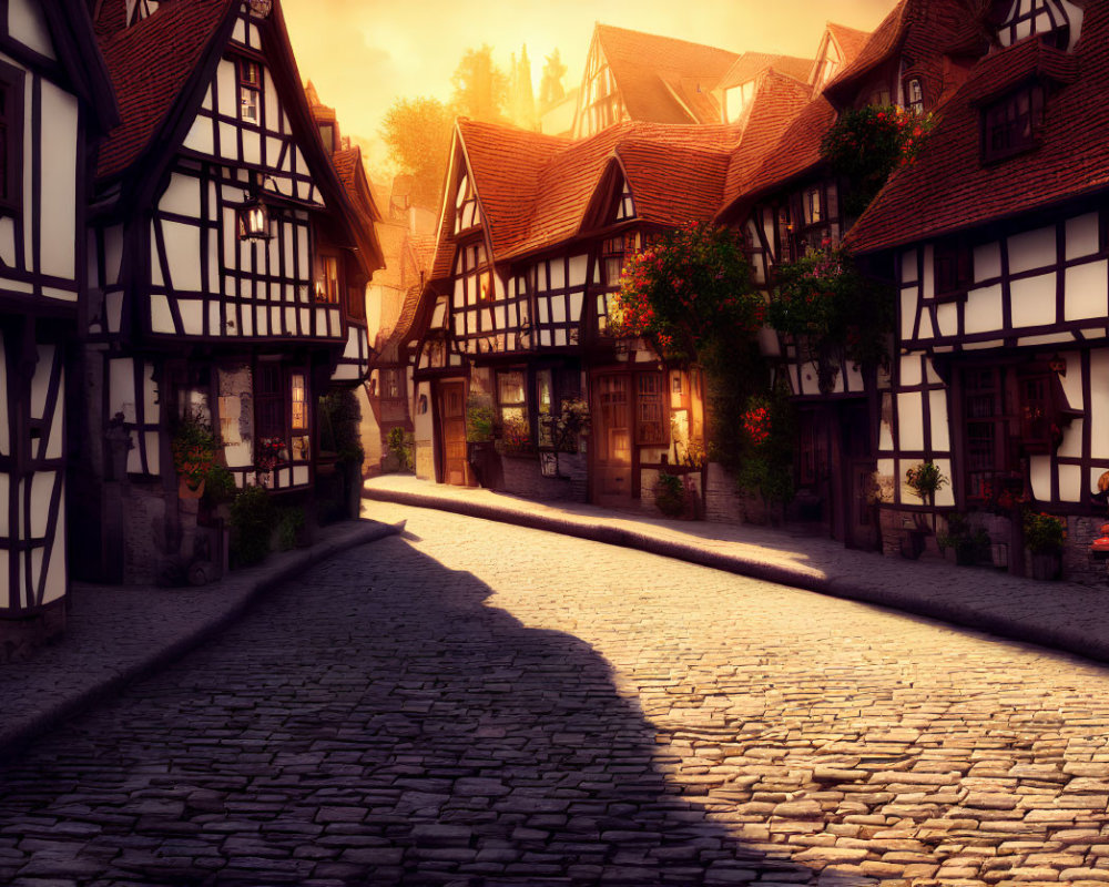 European cobblestone street: Half-timbered houses, sunset shadows, flowers, bicycle