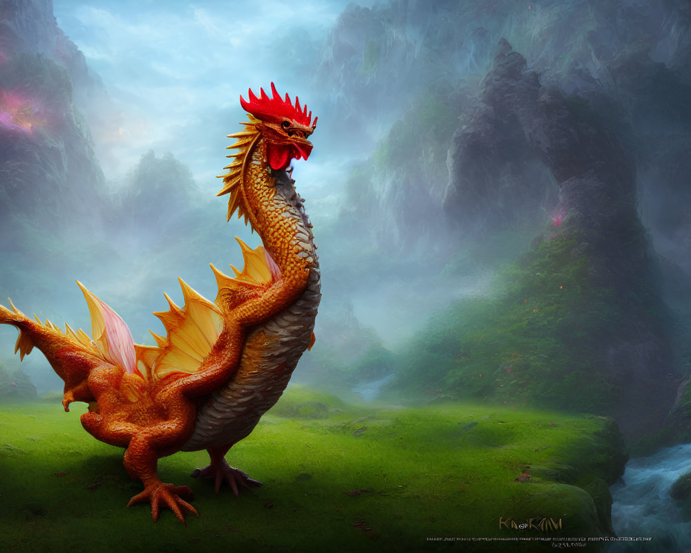 Mythical dragon with rooster head in misty mountain landscape