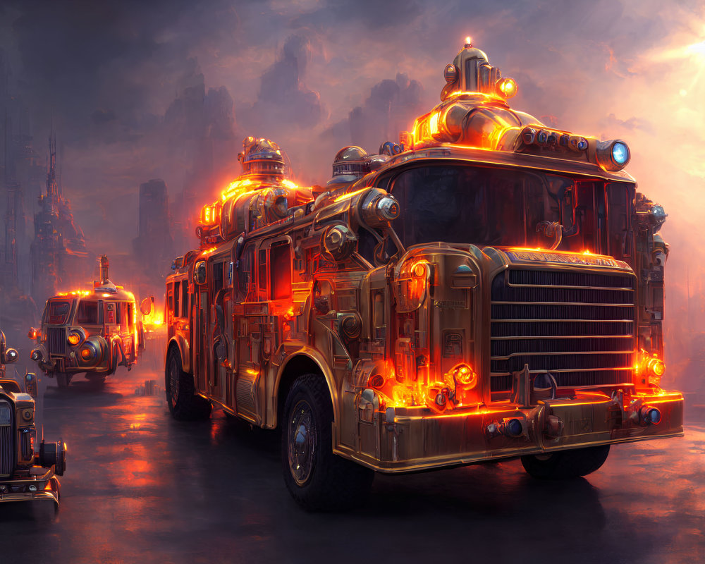 Glowing orange lights on futuristic fire trucks in misty dystopian cityscape