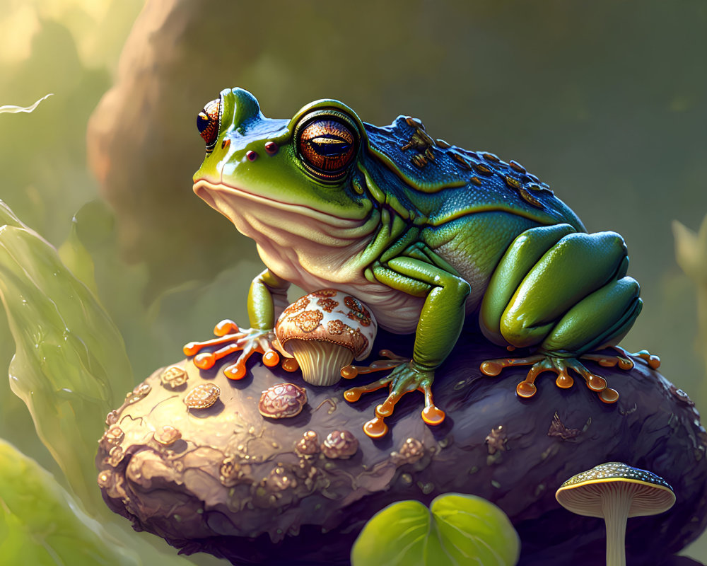 Vibrant digital artwork of stylized frog in natural setting