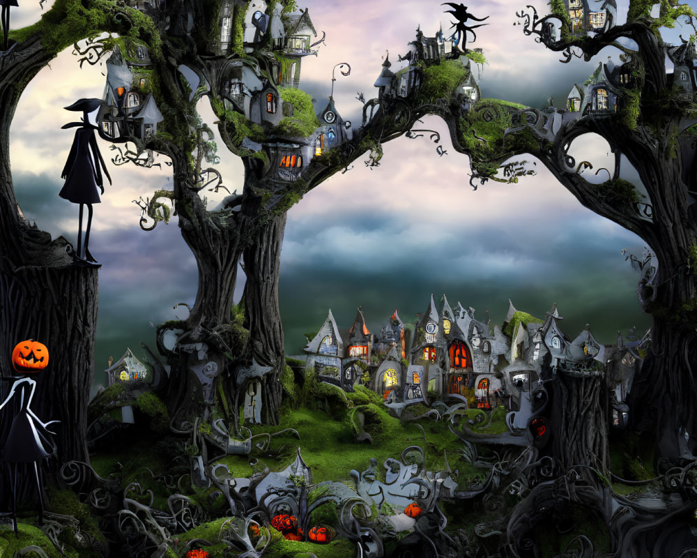 Whimsical Halloween-themed fantasy landscape with spooky elements