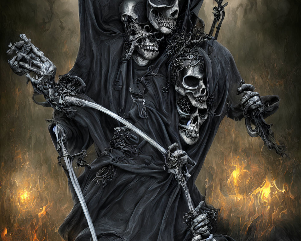 Skeletal grim reaper in dark cloak wields scythe in fiery setting