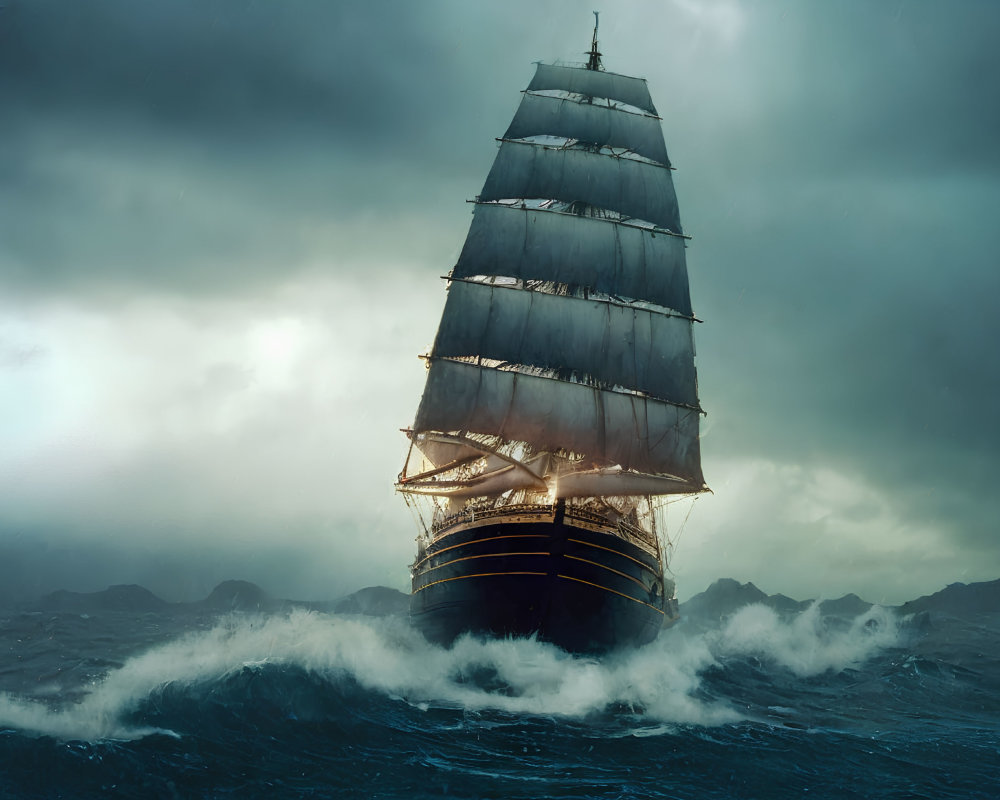 Majestic sailing ship navigating turbulent seas under stormy sky