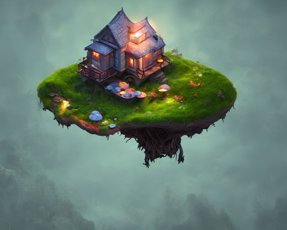 Floating island with cozy house, green lawn, stepping stones, and colorful mushrooms in misty setting