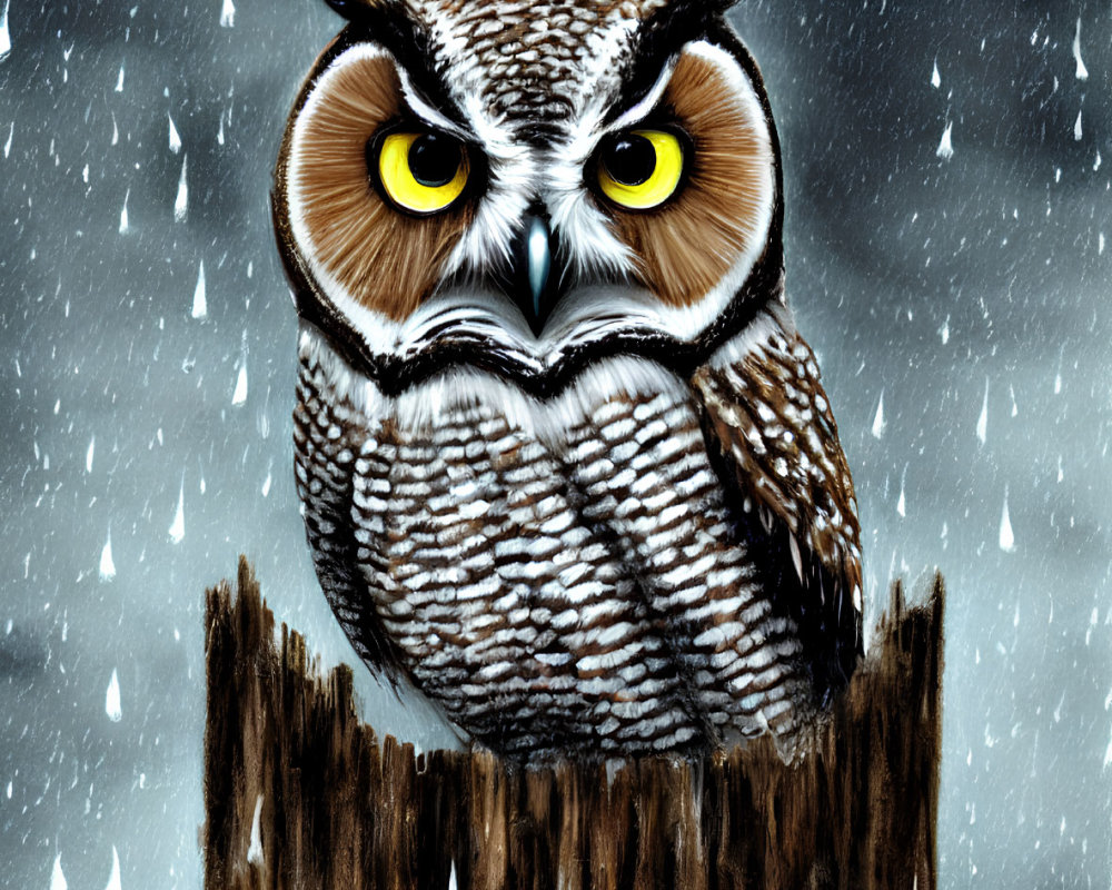 Illustrated owl with yellow eyes on stump in falling snowflakes