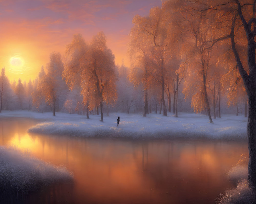 Snowy Sunset Scene: Person Walking by River in Winter Landscape