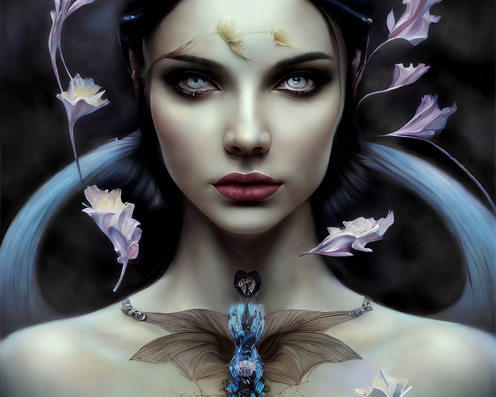 Digital portrait: Woman with blue skin, intense eyes, dark hair, petal-like adornments,