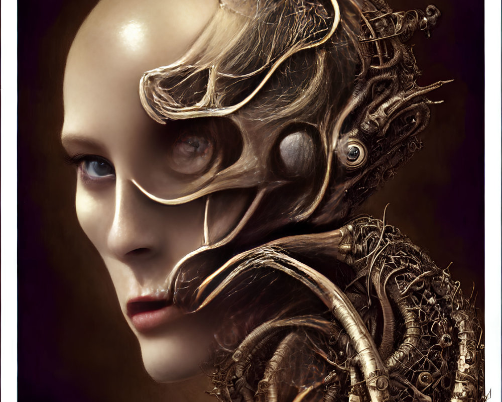 Surreal portrait featuring person with metallic ornate headpiece