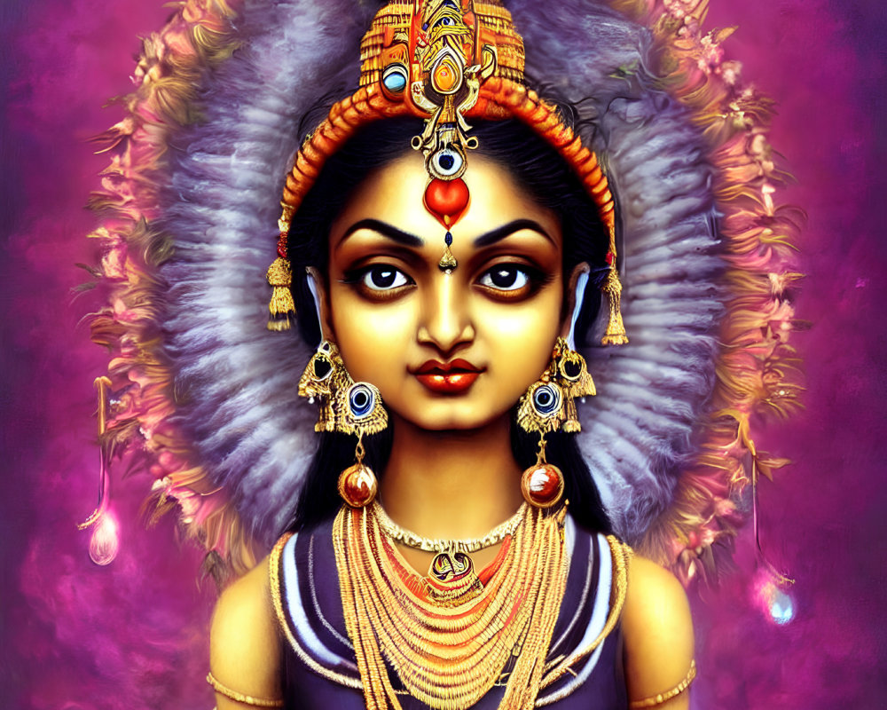 Digital artwork of female deity with radiant halo, traditional jewelry, and headdress on purple backdrop