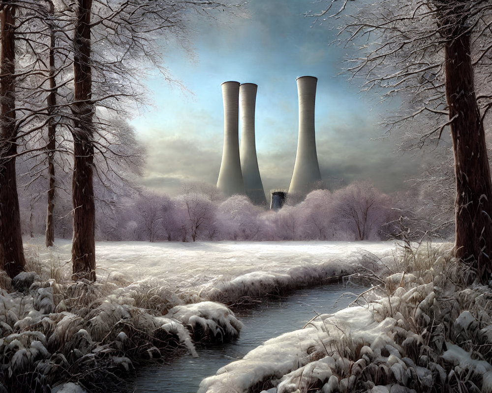 Winter scene with stream, bare trees, and cooling towers in snowy forest landscape