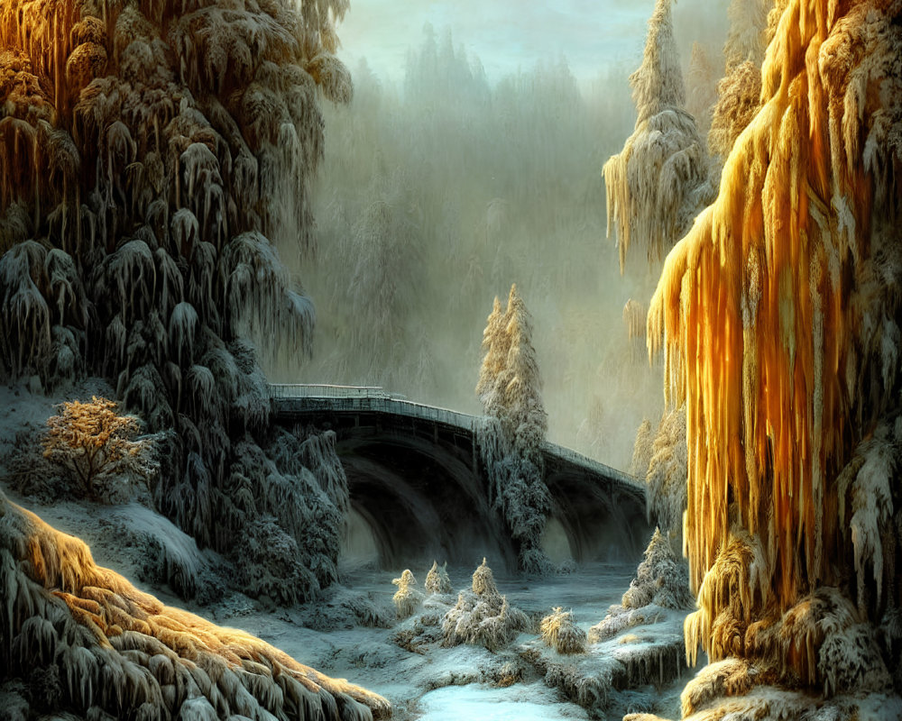 Snow-covered bridge over frozen river at sunset