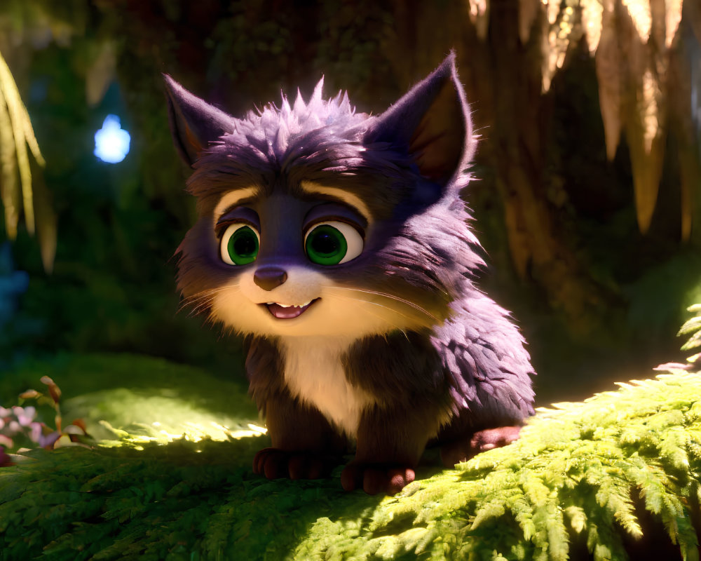 Purple and Grey Animated Creature with Green Eyes in Lush Greenery