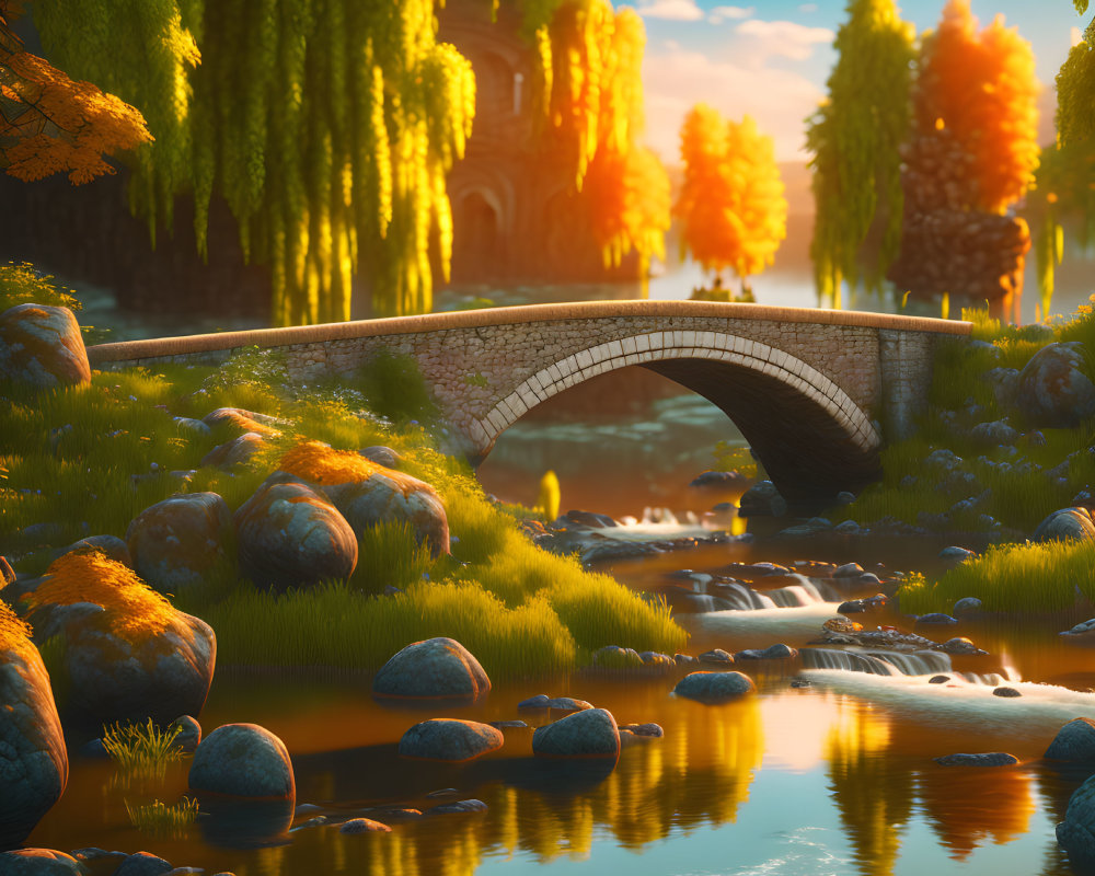 Tranquil landscape with stone bridge over stream amid autumn trees