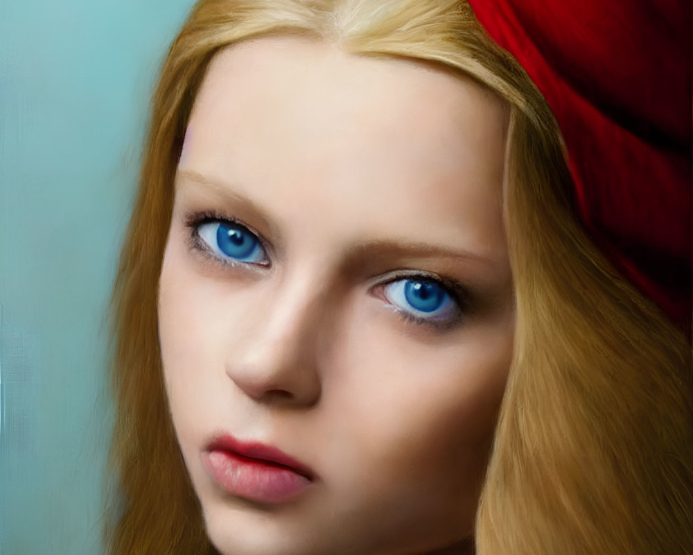 Portrait of young woman with blue eyes, red headscarf, blonde hair