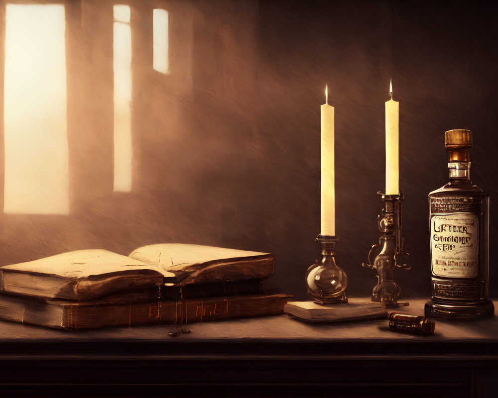 Vintage book, candle, oil lamp, and bottle in warm sunlight glow