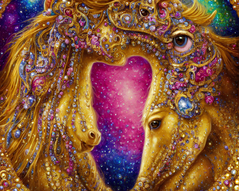 Vibrant digital artwork: Golden horses with cosmic backgrounds