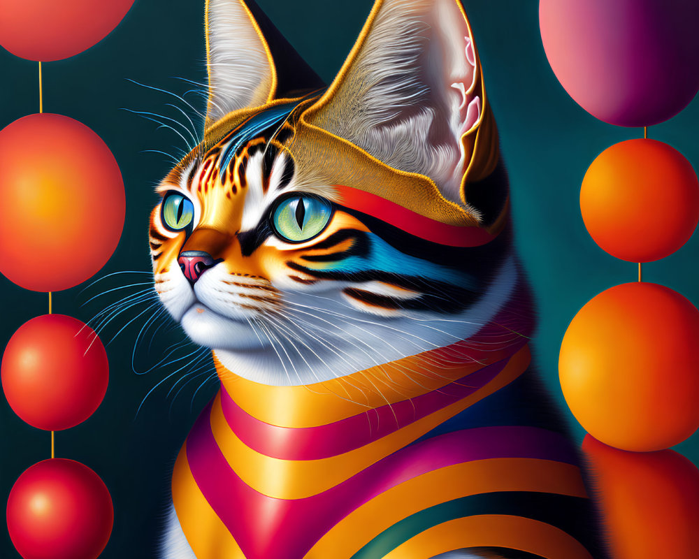 Colorful digital artwork: Cat with intricate patterns and balloons