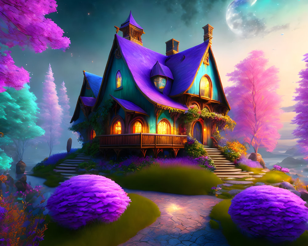 Glowing windows on enchanted house in colorful forest under starry sky