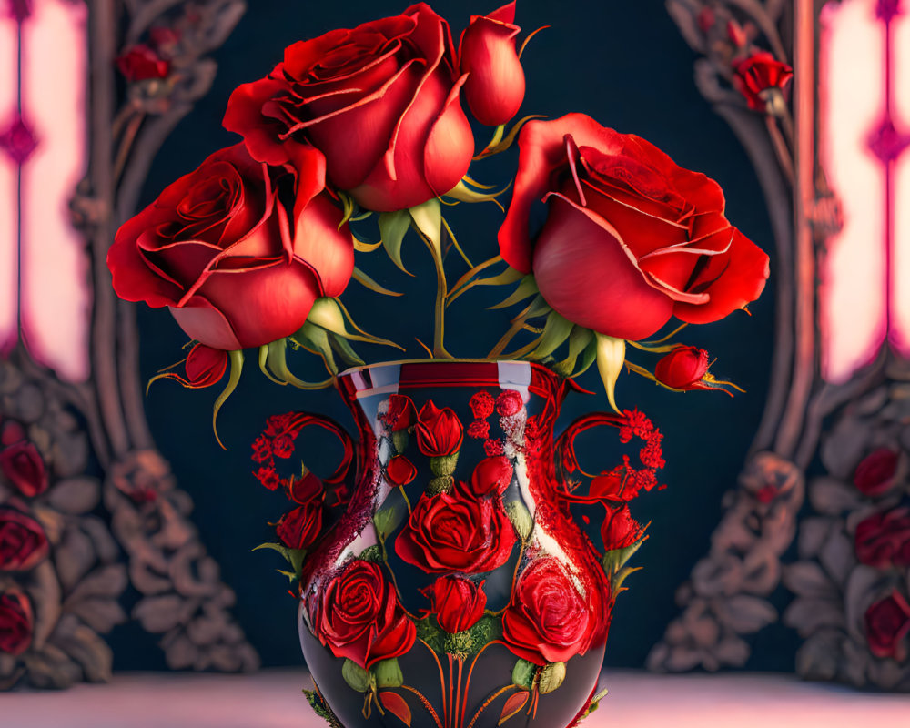 Red Roses Bouquet in Ornate Vase with Floral Backdrop