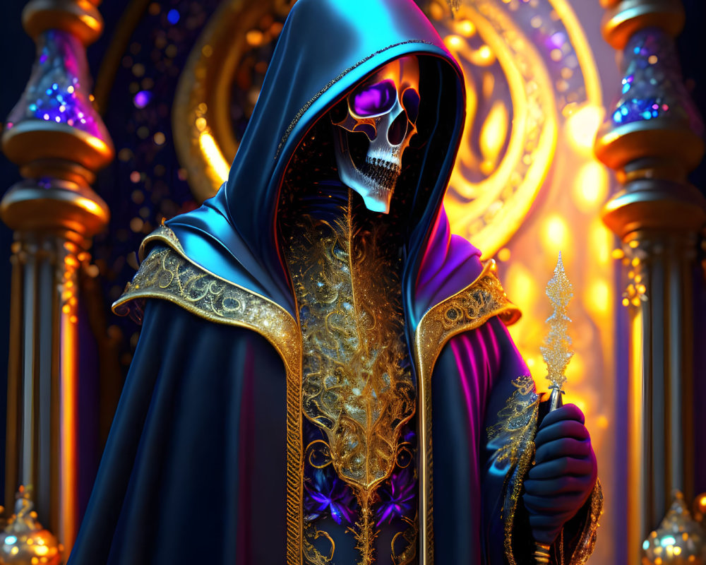 Detailed Blue and Gold Robed Skeletal Figure with Staff on Luminescent Ornate Background