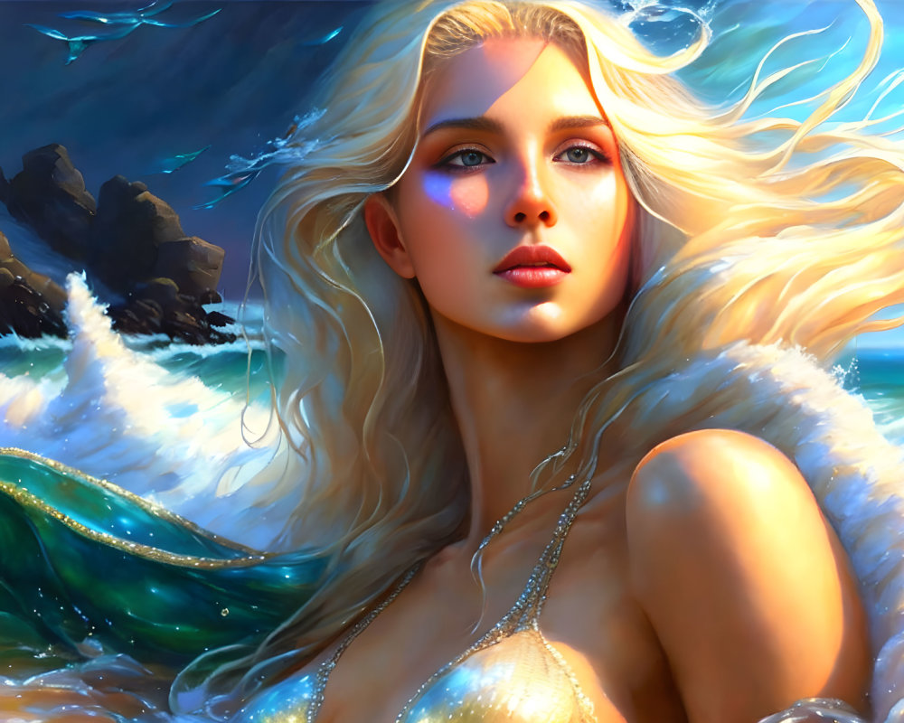 Fantasy digital artwork: Blonde woman in ocean scene