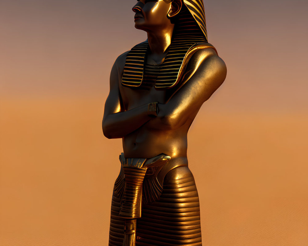 Golden Egyptian Pharaoh Statue in Crossed Arms Pose on Orange Background