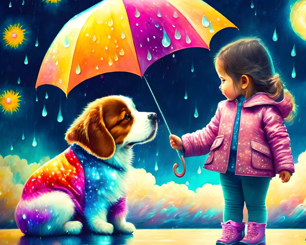 Young girl in pink coat sharing umbrella with dog under starry sky in the rain