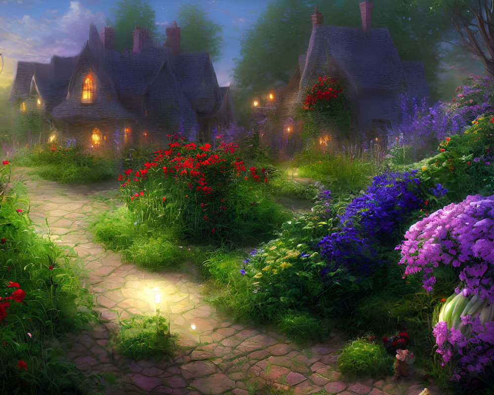 Charming illuminated cottages in lush garden twilight