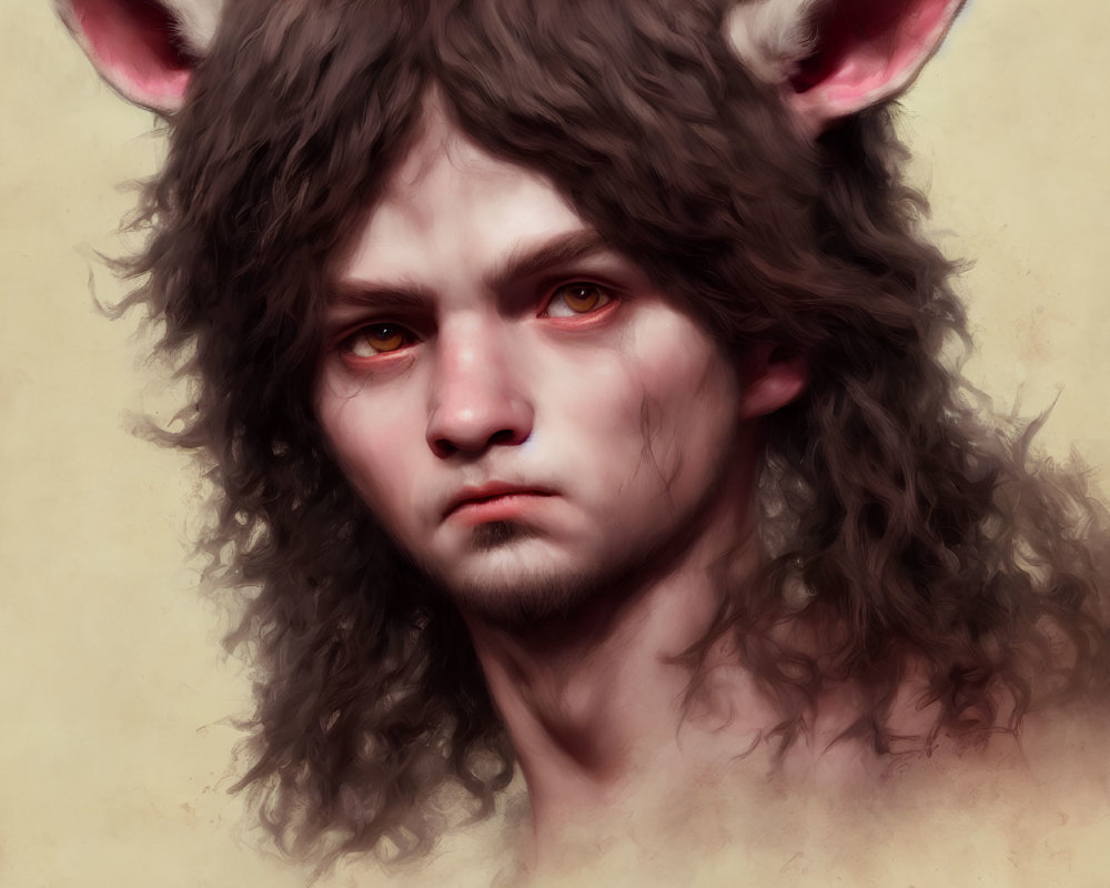 Fantasy creature digital portrait: serious young man with wolf-like ears and long brown hair