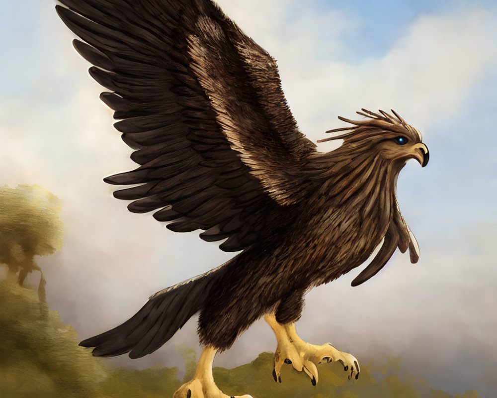 Majestic eagle with wide spread wings in forested landscape