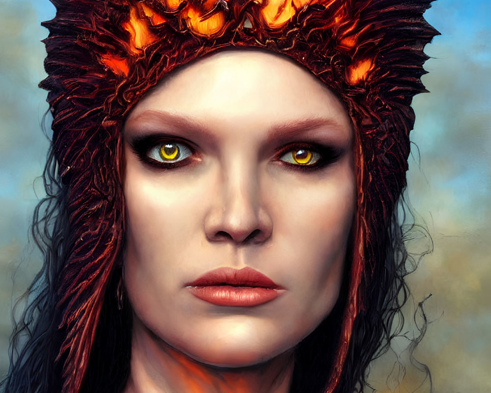 Portrait of Woman with Yellow Eyes and Dragon Headdress