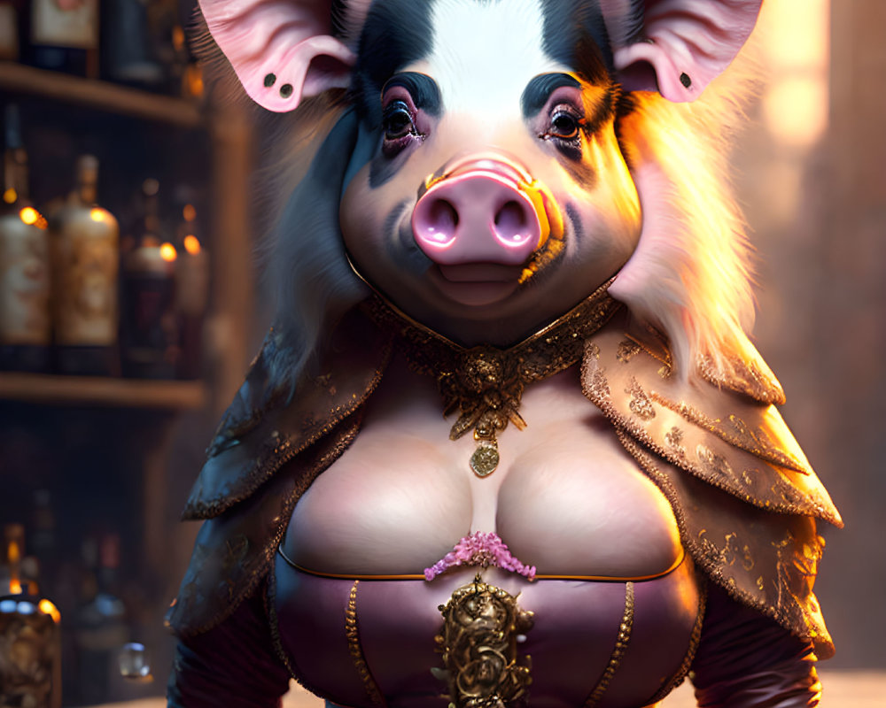 Fantasy-themed anthropomorphic pig character in vintage room setting