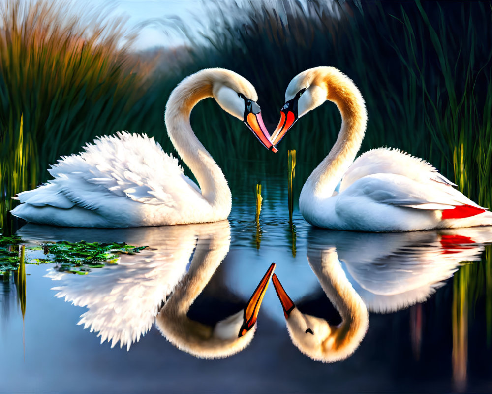 Swans Creating Heart Shape Reflection on Tranquil Water at Dusk