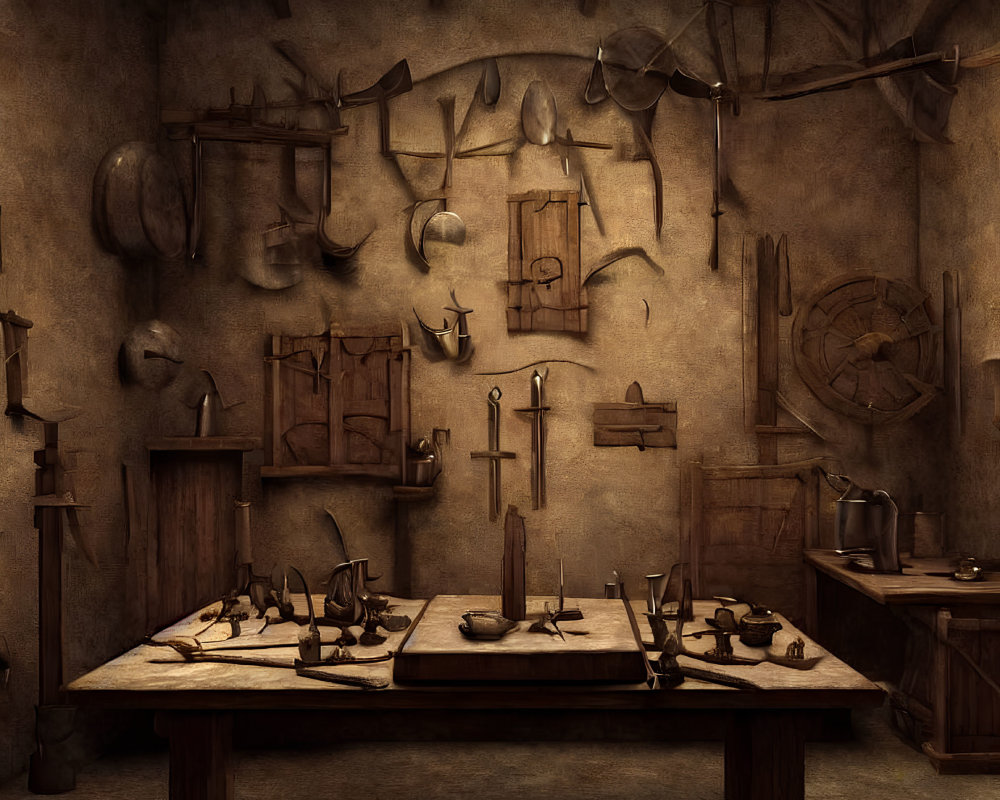 Medieval blacksmith workshop with tools and metalwork on display