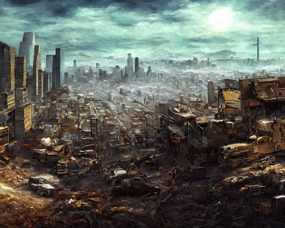 Dystopian cityscape with crumbling buildings and polluted sky