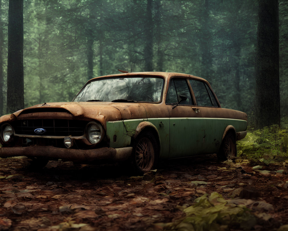 Rusted Ford car in misty forest with foliage - Abandoned and neglected