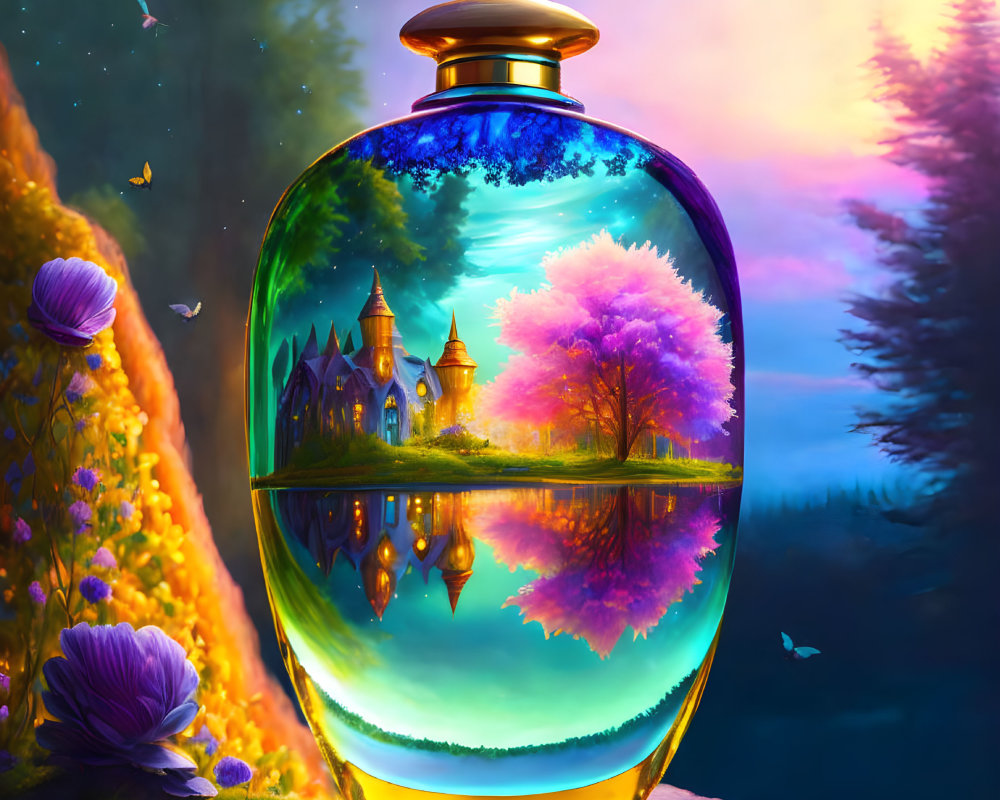 Illustration of magical perfume bottle with castle reflection in twilight sky